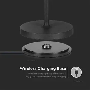 V-TAC Rechargeable Table Lamp Black Round LED USB Dimmable Light with Wireless Charging