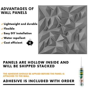 3D Wall Panels Adhesive Included - 6 Sheets Cover 16.15ft²(1.5m²) Interior Cladding Panels -  Diamond Prestige Matt Silver-Grey