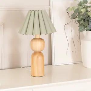 ValueLights Azalea Rustic Wooden Table Lamp with Sage Green Fabric Scallop Tapered Shade and LED Bulb