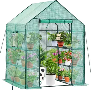 Large Walk-In Greenhouse with 2 Windows & 8 Shelves - Cold Frame Greenhouse with Reinforced PE Cover