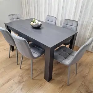 Dining Table and 6 Chairs  Black Dark Grey 6 Grey Velvet Chairs Wood Dining Set Furniture