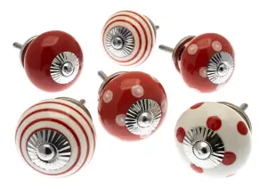 MangoTreeKnobs - Mixed Set of Red and White Ceramic Cupboard Drawer Knobs x Pack 6 (MG-420)