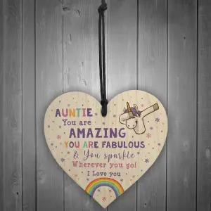 Novelty Auntie Gift For Birthday Christmas Unicorn Plaque Wooden Heart From Niece Nephew