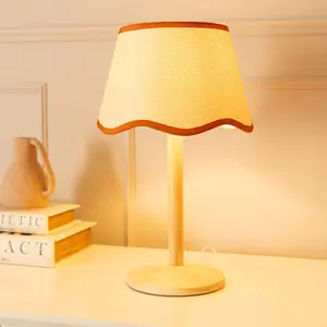 ValueLights Triston Natural Light Wood Stem Table Lamp with Scallop Rust Trim Tapered Lamp Shade