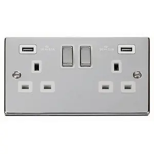 Polished Chrome 2 Gang 13A DP Ingot 2 USB Twin Double Switched Plug Socket - White Trim - SE Home