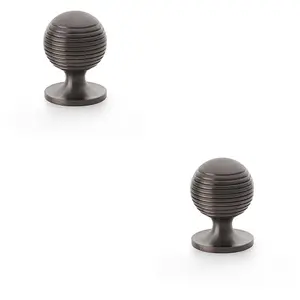 2 PACK - Reeded Ball Door Knob - 32mm Diameter Dark Bronze Lined Cupboard Pull Handle