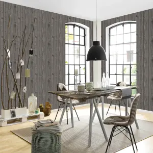 Erismann Wood Effect Wallpaper Wooden Planks Boards Realistic Textured Dark Grey