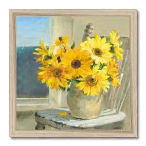 Sunflowers By The Sea Crop Light by Danhui Nai - Painting Natural Wood Framed Paper Print / 34cm H x 34cm W