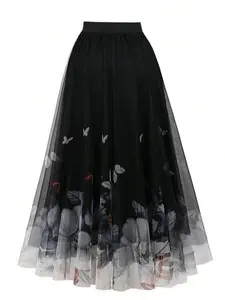 Peony Butterfly Printed Mesh Skirt,L