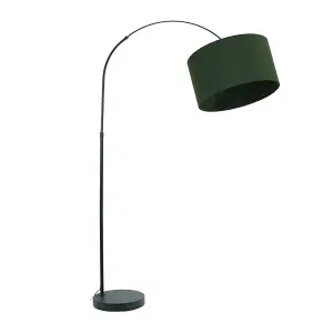 ValueLights Louis Black Arched Curved Floor Lamp with Forest Green Fabric Drum Lamp Shade and LED Bulb