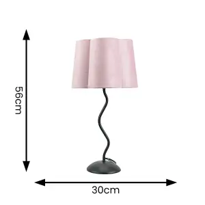 ValueLights Wiggle Black Metal Single Stem Table Lamp with Blush Pink Velvet Scallop Lamp Shade and LED Bulb