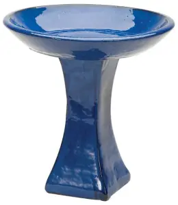 Blue Glazed Ceramic Bird Bath Glossy Outdoor Garden Water Feature Bird Table