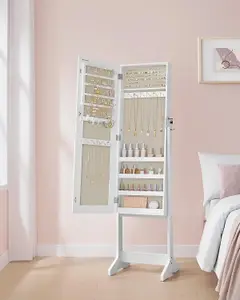 SONGMICS Mirror Jewellery Cabinet Armoire, Full-Length Mirror, Lockable Jewellery Organiser, White Surface and Beige Lining