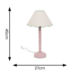 ValueLights Bobbles Rose Pink Bobbin Table Lamp with Green Trim Scallop Shade