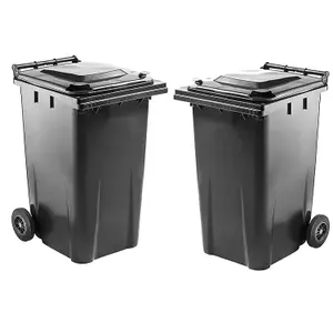 Large 240 Litre Grey Coloured Outdoor Council Wheelie Bins Complete With Lid And Wheels