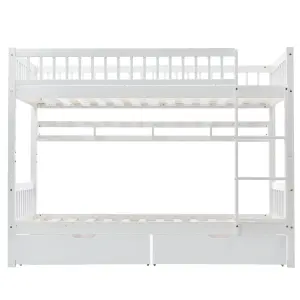 Bunk Bed, 3FT Solid Pine Wood Single Bed Frame for Children, Under Bed Slide Drawer Storage, with Shelf, White (90x190cm)