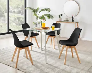 Furniturebox Seattle Scandi Inspired Glass and White Leg Square Dining Table & 4 Black Cushioned Stockholm Beech Wood Leg Chairs