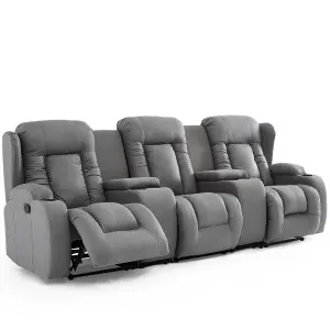 Caesar 3 Seater Grey Technology Fabric Modern Manual Recliner Sofa W Drinks Console