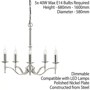 Avery Ceiling Pendant Chandelier Light 5 Lamp Bright Nickel Curved Candelabra