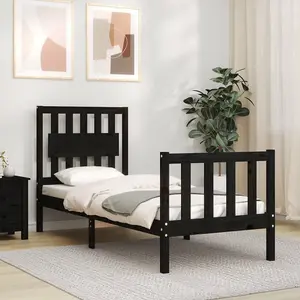 Berkfield Bed Frame with Headboard Black Small Single Solid Wood