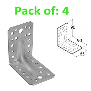 ANGLE BRACKET 2mm Thick HEAVY DUTY Corner Reinforced Galvanised Zinc Plated 90x90 Width 65mm Pack of: 4