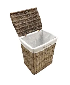 Wicker Rectangle Laundry basket With Cotton Lining + Lid Oak Brown Medium 40x29x48 cm,