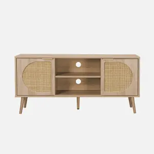 sweeek. Wood and rounded cane rattan TV stand Eva Natural 120x39x56.5 cm