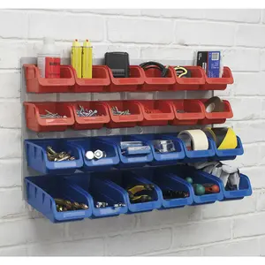 24 Assorted Red and Blue Plastic Storage Bins with Heavy-Duty Wall Panel