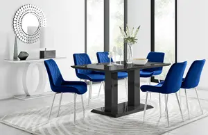 Imperia Black High Gloss 6 Seater Dining Table with Structural 2 Plinth Column Legs 6 Navy Velvet Silver Leg Pesaro Chairs