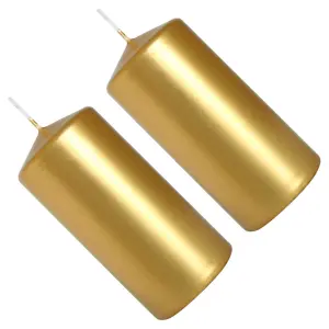 Pillar Candles, Pack of 2, Unscented, Long Burning Time, 10 x 5 cm / 4 x 2 in (Gold, Metallic)