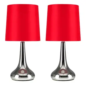 ValueLights Pair Of Modern Silver Chrome Teardrop Touch Bed Side Table Lamps With Red Fabric Shades