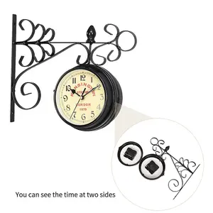 Iron Antique Look Black Round Wall Hanging Double Sided Two Faces Retro Station Clock Round