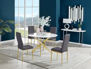 Furniturebox UK Novara White Gloss Gold Leg 120cm Round Dining Table & 4 Grey Velvet Milan Gold Leg Chairs