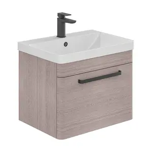 Emery Textured Grey Wall Hung Bathroom Vanity Unit & Basin Set with Black Handles (W)60cm (H)46cm