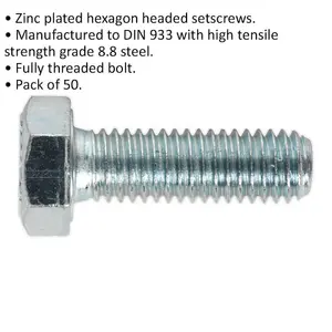 50 Pack M8 x 25mm Zinc Setscrews - Grade 8.8 Fully Threaded DIN 933