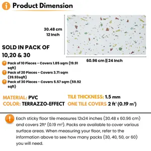 Vinyl Floor Tiles Self Adhesive - 30 Pack Covers 59.9 sqft (5.57 sqm) - Rectangle Tile Size (30.4 x 60.9cm) - Terrazzo Effect