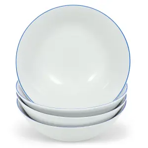 Set of 4 White Ceramic Dinner Bowls with Elegant Blue Rim - Durable & Stylish