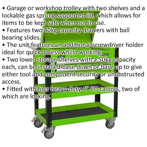 Durable Green Tool & Parts Trolley with Lockable Lid - 925 x 440 x 900mm