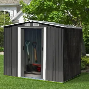 8 x 8 ft Charcoal Black Garden Metal Storage Tool Shed with Base Foundation