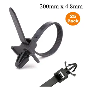 25 x Black Push Mount Winged Cable Ties 200mm x 4.8mm Car Chassis Fixing Base