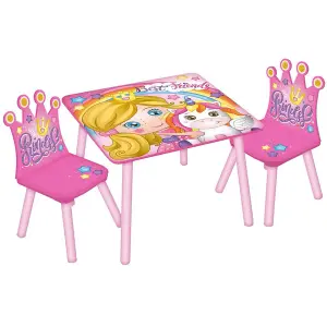 URBNLIVING 53cm Height Kids Wooden Table & 2 Chairs Princess Themed Toddlers Junior Play Desk Set