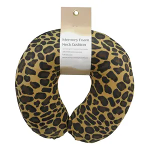 Memory Foam Neck Travel Cushion - Removeable Velour Cover - Tan Leopard Print