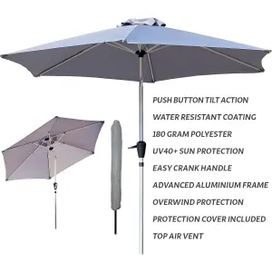 GlamHaus Tilting Garden Parasol Table Umbrella 2.7M with Crank Handle, UV40 Protection, Free Protection Cover - Light Grey