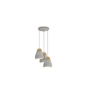 Pendant 3 Bulb Ceiling Light Shade Brown Wood Grey Concrete Bulb E27 3x60W