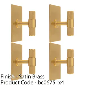 4 PACK - Knurled T Bar Cabinet Door Knob & Matching Backplate - Satin Brass 76 x 40mm