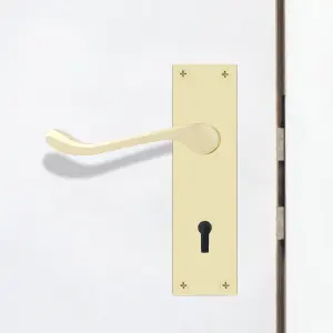 AFIT Polished Brass Victorian Scroll Door Handles for Key Lock - 1 Pair of Brass Internal Lever Lock Handles on Backplate