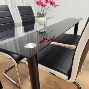 Dining Table Set of 4 Black Clear Table and Faux Leather Padded Chrome Black White Kitchen Chairs Dining Sets