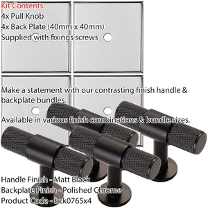 4 PACK - Cabinet Door Knob & Contrasting Backplate Set - Knurled T Bar Pull - Matt Black & Chrome