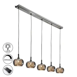 Luminosa Ari 5 Light Dimmable Crystal Hanging Ceiling Pendant with Remote Control Chrome, Mirror, G9