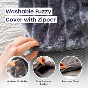 3.5L XXL Grey Hot Water Bottle with Zipper & Hand Pocket Soft Faux Fur, Washable Bag for Pain Relief, Warmer & Hot/Cold Compress